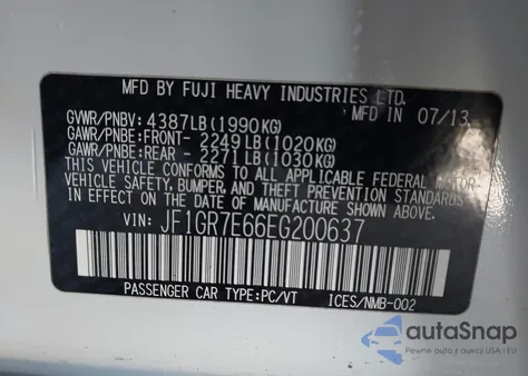 2014 Subaru Impreza Wrx z USA, uszkodzony, nr VIN JF1GR7E66EG200637